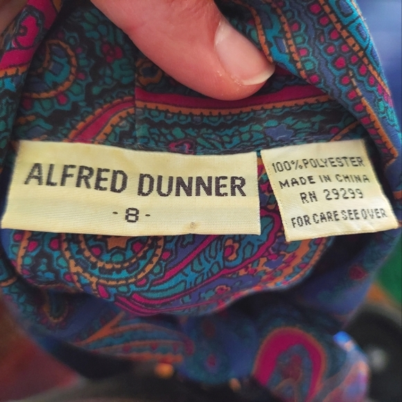 Vintage Alfred Dunner 80s 90s Paisley Blue Pink Yellow Button Up Cravat Shirt - Picture 6 of 8